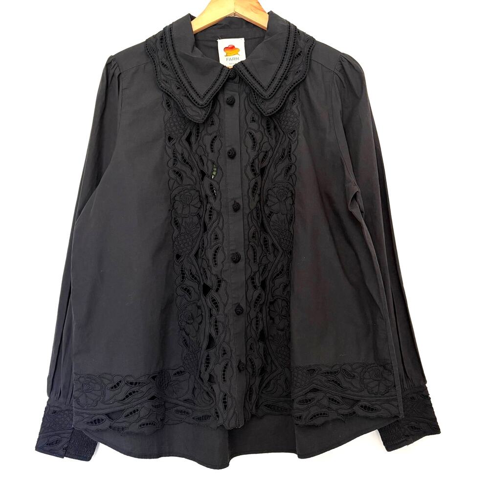 *NWT FARM Rio Embroidered Eyelet Puff Sleeve Button-Up Shirt Black Size L Cotton - Picture 1 of 12